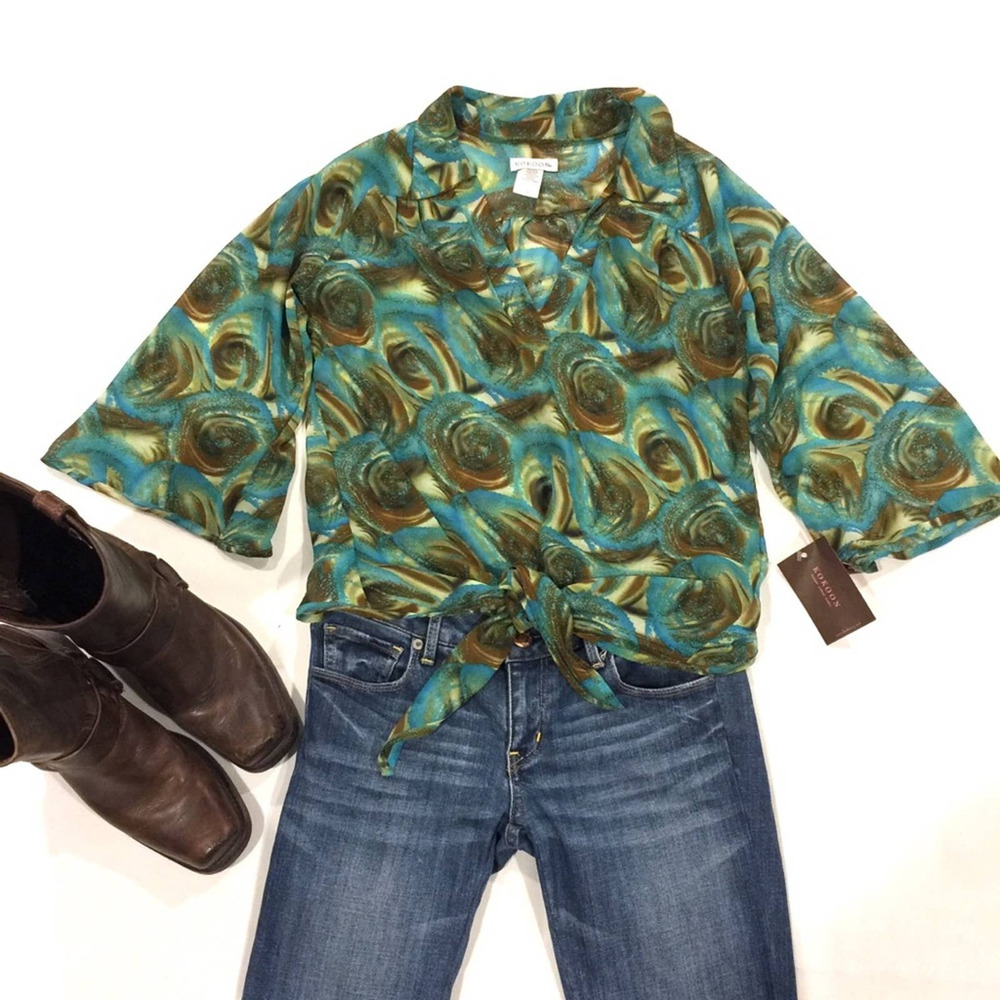 NWT Kokoon Sheer tie waist bell sleeve top